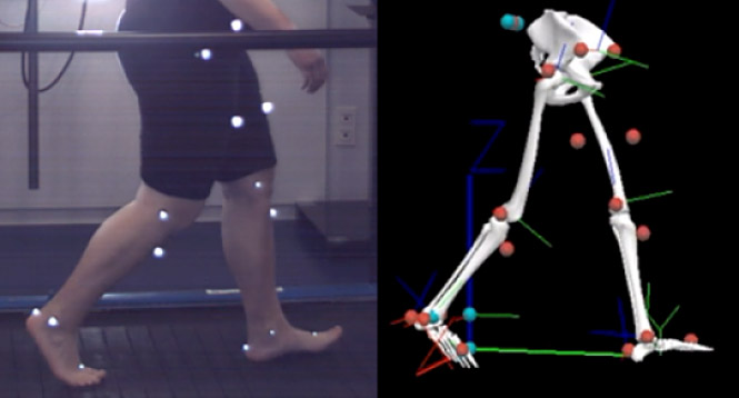 Análisis biomecánico en 3 dimensiones de uno de los participantes en el estudio. Pruebas realizadas en el laboratorio HumanLab de iMuds (UGR) Análisis biomecánico en 3 dimensiones de uno de los participantes en el estudio. Pruebas realizadas en el laboratorio HumanLab de iMuds (UGR)