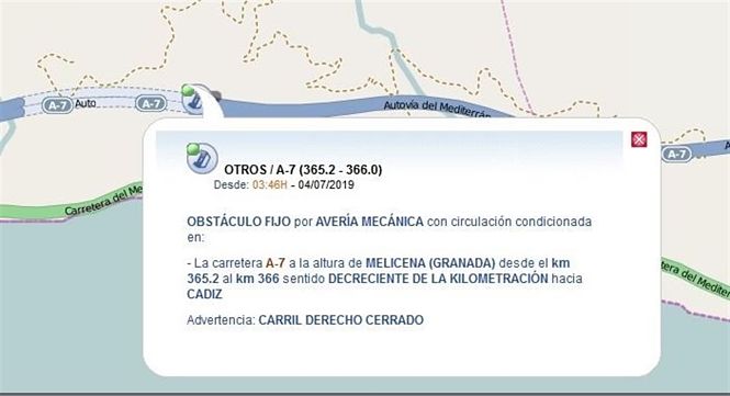 Localización del corte al tráfico en la A-7 por el vuelco de un camión a la altura de Sorvilán (DGT) Localización del corte al tráfico en la A-7 por el vuelco de un camión a la altura de Sorvilán (DGT)