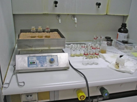 Mineralización de las muestras, en un laboratorio de la Estación Experimental del Zaidín (FUNDACIÓN DESCUBRE)