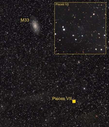 M33 y la nueva galaxia detectada, Piscis VII (GIUSEPPE DONATIELLO)