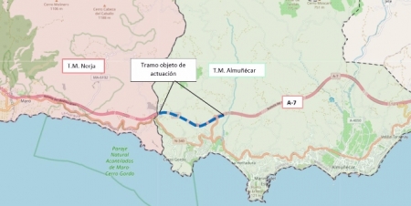 Mapa de las obras de rehabilitación del firme en un tramo de la autovía A-7 en Almuñécar (MITMA) 