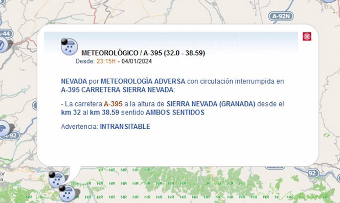 Cortada por nieve la A-395 sin afectar al acceso a la estación de esquí de Sierra Nevada (DIRECCIÓN GENERAL DE TRÁFICO) Cortada por nieve la A-395 sin afectar al acceso a la estación de esquí de Sierra Nevada (DIRECCIÓN GENERAL DE TRÁFICO)