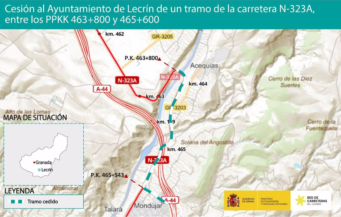 Imagen del tramo entre los kilómetros 463,8 y 465,6 de la carretera N-323A, de Bailén a Motril, y del ramal de conexión entre la autovía A-44 (de Sierra Nevada - Costa Tropical) y la N-323a, en Granada (MITMA) Imagen del tramo entre los kilómetros 463,8 y 465,6 de la carretera N-323A, de Bailén a Motril, y del ramal de conexión entre la autovía A-44 (de Sierra Nevada - Costa Tropical) y la N-323a, en Granada (MITMA)