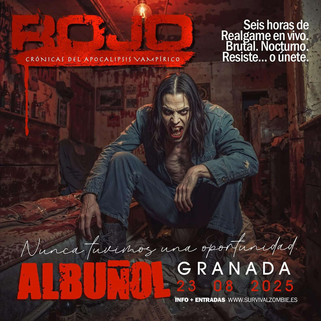 Cartel del juego de terror en vivo `Rojo: Crónicas del Apocalipsis Vampírico` (AYUNTAMIENTO DE ALBUÑOL) Cartel del juego de terror en vivo `Rojo: Crónicas del Apocalipsis Vampírico` (AYUNTAMIENTO DE ALBUÑOL)