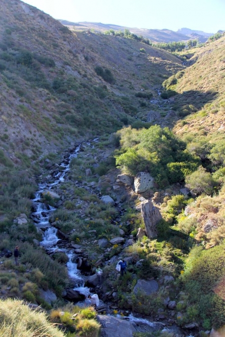 Operarios de Cetursa, en primer término, hoy en Río Monachil, a su paso por Pradollano (CETURSA) 