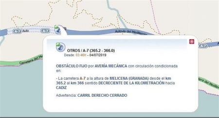 Localización del corte al tráfico en la A-7 por el vuelco de un camión a la altura de Sorvilán (DGT)