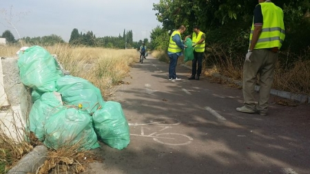Miembros de IU durante la limpieza del carril bici (IU) 