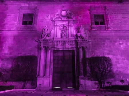 Hospital Real iluminado de morado (UGR)