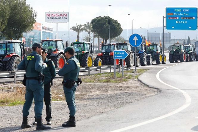 Manifestacion de agricultores con tractores a su entrada en Granada (ÁLEX CÁMARA / EUROPA PRESS)
