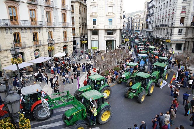 Imagen de la tractorada a su paso por Puerta Real, en Granada capital (ÁLEX CÁMARA/EUROPA PRESS) 