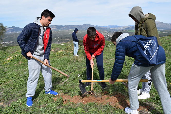 Alumnado del aula de la naturaleza plantando un árbol (AYTO. ALBOLOTE)