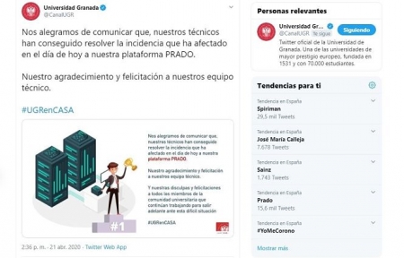 Mensaje en Twitter donde la UGR traslada la resolución de la incidencia en Prado (EUROPA PRESS) 