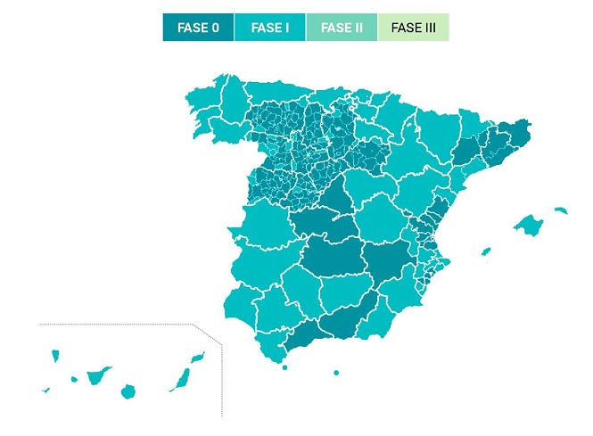 Mapa de España con la fase donde está cada provincia (GOBIERNO)