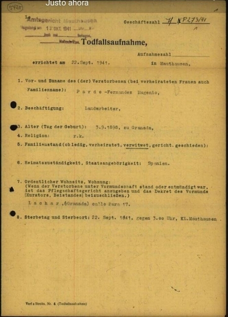 Documento que recoge la llegada de un vecino de Láchar (Granada) al campo de concentración de Mauthausen (REMITIDO POR LOS INVESTIGADORES) 