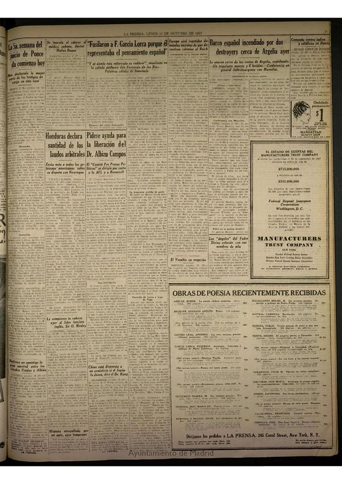 Copia de la noticia aparecida en el diario La Prensa sobre una conferencia de Fernando de los Ríos en Nueva York en que se refirió al fusilamiento de Federico (ASOCIACIÓN RECUPERACIÓN DE LA MEMORIA HISTÓRICA) 