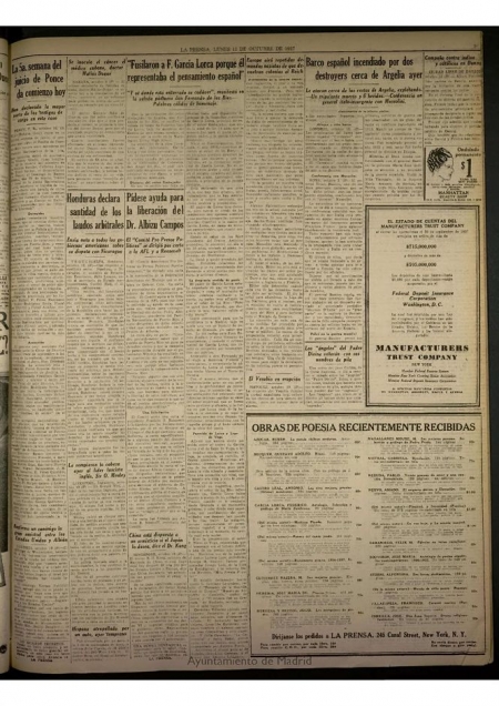 Copia de la noticia aparecida en el diario La Prensa sobre una conferencia de Fernando de los Ríos en Nueva York en que se refirió al fusilamiento de Federico (ASOCIACIÓN RECUPERACIÓN DE LA MEMORIA HISTÓRICA) 