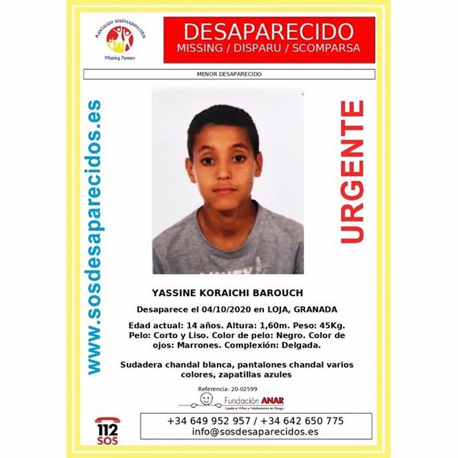 Cartel alertando de la desaparición de Yassine Koraichi Barouch (SOS DESAPARECIDOS)