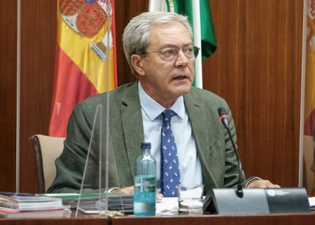 El consejero de Transformación Económica, Rogelio Velasco, este jueves durante su comparencia parlamentaria en comisión (PARLAMENTO DE ANDALUCÍA)