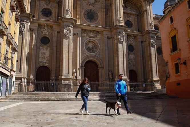 Dos ciudadanos pasean a un perro en el entorno de la Catedral. Granada (ÁLEX CÁMARA - EUROPA PRESS) 