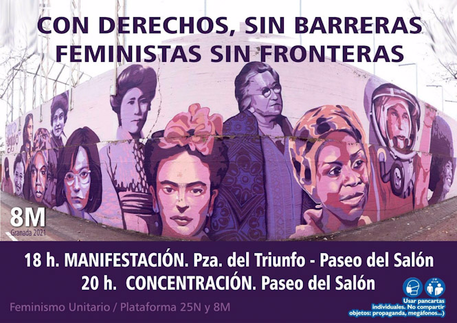 Cartel de la manifestación y concentración del 8M en Granada (PLATAFORMA 25N Y 8M Y ESPACIO FEMINISMO UNITARIO)
