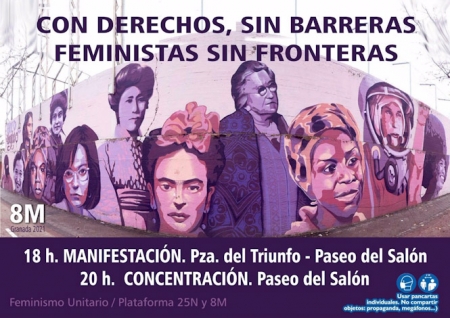Cartel de la manifestación y concentración del 8M en Granada (PLATAFORMA 25N Y 8M Y ESPACIO FEMINISMO UNITARIO)