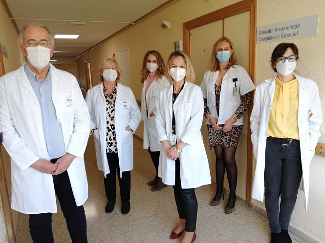 De derecha a izquierda, la hematóloga responsable de la unidad, Laura Entrena, la jefa de servicio de Medicina Física y Rehabilitación, Inmaculada García, la médica rehabilitadora, Gracia Ábalos, la facultativa de Farmacia, María del Mar García (JUNTA)