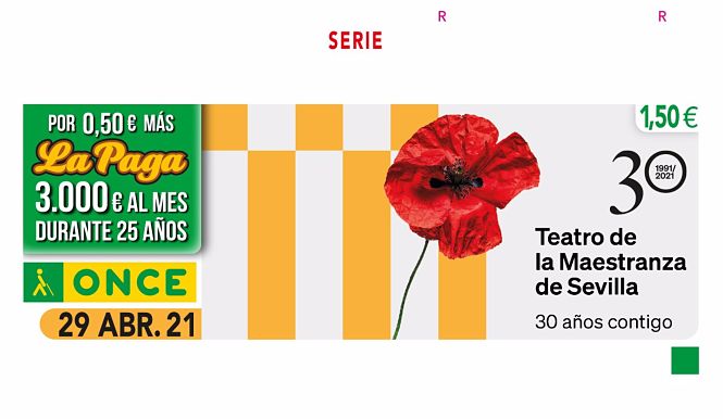 Cupón dedicado al 30 aniversario del Teatro de la Maestranza de Sevilla (ONCE)