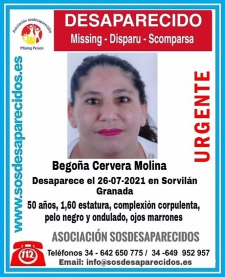 Cartel alertando de la desaparición de Begoña Cervera (SOS DESAPARECIDOS) 