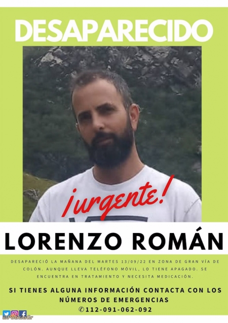 Cartel de la desaparición de Lorenzo Román (POLICÍA LOCAL)