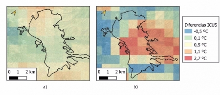 Diferencias de intensidades de la Isla de Calor Urbana de Superficie diurna a) y nocturna b) (UGR) 