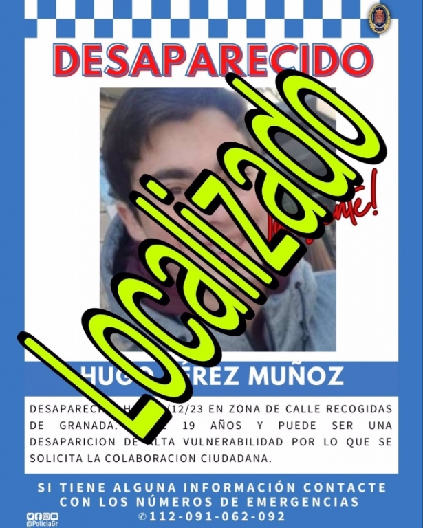 Localizan al joven de 19 años desaparecido este lunes en Granada (POLICÍA LOCAL DE GRANADA) Localizan al joven de 19 años desaparecido este lunes en Granada (POLICÍA LOCAL DE GRANADA)