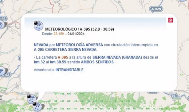 Cortada por nieve la A-395 sin afectar al acceso a la estación de esquí de Sierra Nevada (DIRECCIÓN GENERAL DE TRÁFICO)