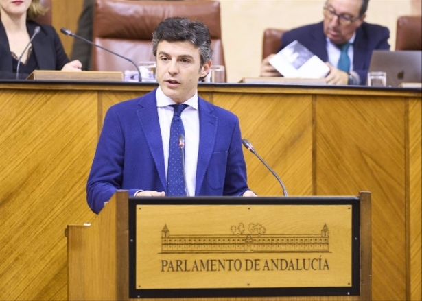 El diputado del PP-A Jorge Saavedra, este jueves en el Pleno en la defensa de la PNL sobre Granada como sede de la Agencia Estatal de Salud Pública (JOAQUÍN CORCHERO/PARLAMENTO DE ANDALUCÍA) 