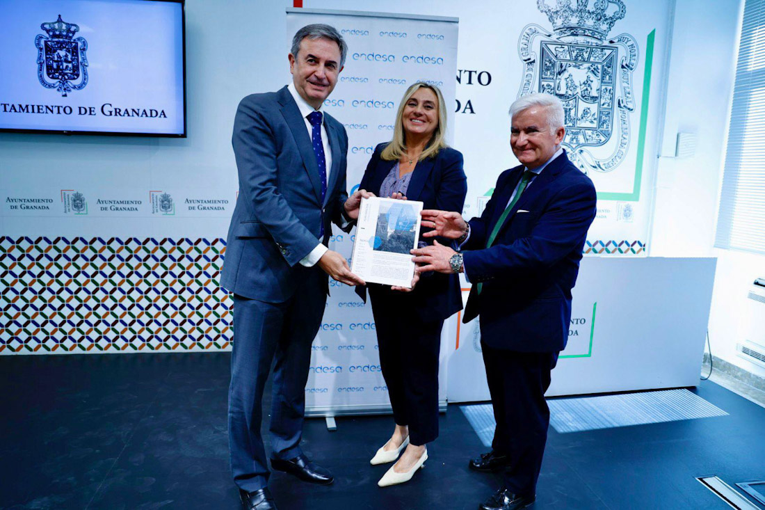 El director de Endesa en Andalucía, Extremadura, Ceuta y Melilla, Rafael Sánchez Durán, la alcaldesa de Granada, Marifrán Carazo, y el edil de Recursos Humanos, Vito Epíscopo (AYUNTAMIENTO)