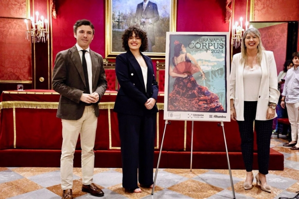 Presentación del cartel de la Feria del Corpus Christi 2024 de Coral Cañizares, en el centro en la imagen, con los ediles Jorge Saavedra y Carolina Amate (AYUNTAMIENTO DE GRANADA) Presentación del cartel de la Feria del Corpus Christi 2024 de Coral Cañizares, en el centro en la imagen, con los ediles Jorge Saavedra y Carolina Amate (AYUNTAMIENTO DE GRANADA)