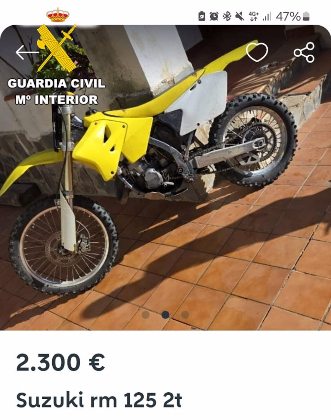 Anuncio de la motocicleta objeto del robo (GUARDIA CIVIL)