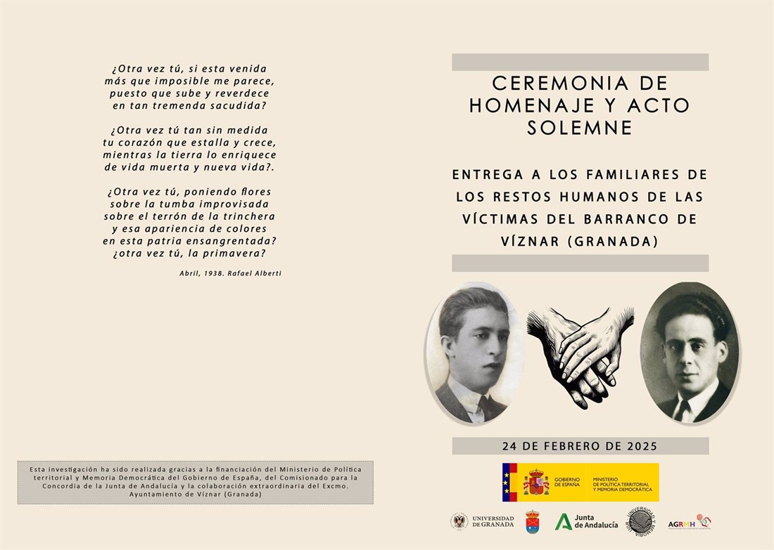 Díptico del acto de entrega a sus familiares de los restos de dos represaliados exhumados en el Barranco de Víznar. (UGR)