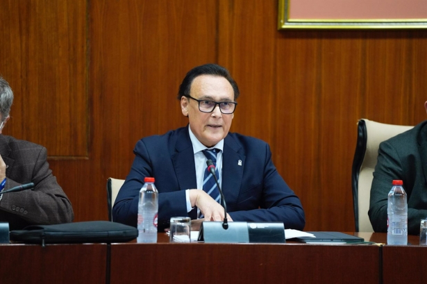 El consejero de Universidad, José Carlos Gómez Villamandos, en la comisión parlamentaria de este 11 de marzo de 2025 (JOAQUIN CORCHERO / PARLAMENTO DE ANDALUCIA)