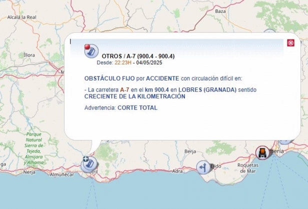 Punto del corte de la A-7 en Motril (Granada) por el vuelco y posterior incendio de un camión (DGT) Punto del corte de la A-7 en Motril (Granada) por el vuelco y posterior incendio de un camión (DGT)