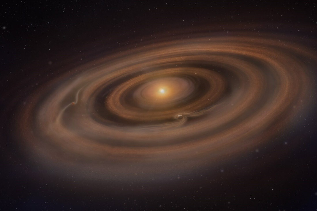 Impresión artística de un disco protoplanetario con planetas en formación que redistribuyen el gas y el polvo a su alrededor (NSF/AUI/NSF NRAO/S.DAGNELLO)