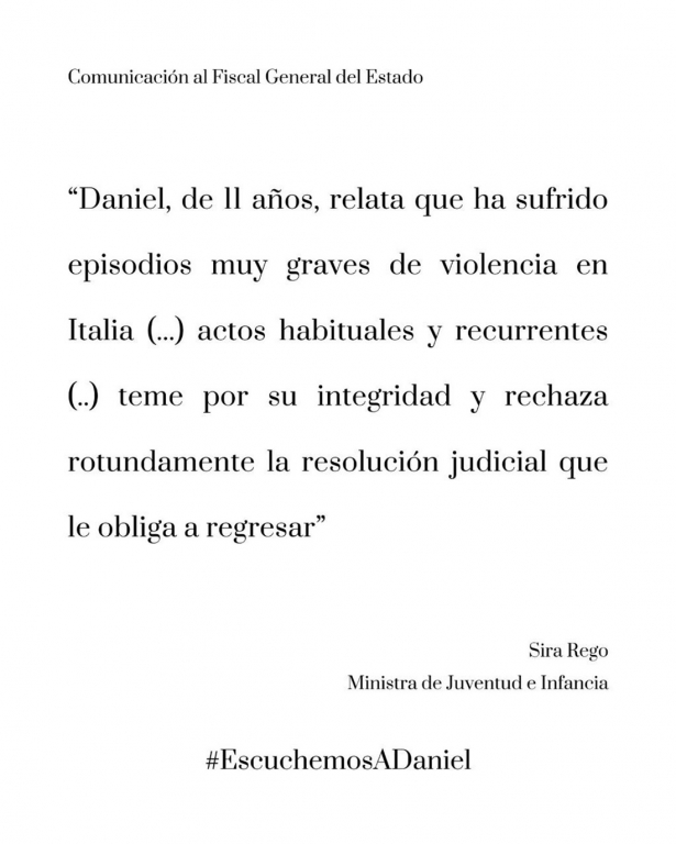 Comunicación de la ministra Sira Rego al Fiscal General del Estado (MINISTERIO JUVENTUD E INFANCIA)