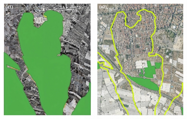 Comparación del área de ocupación de Maytenus senegalensis europaea entre 1956 (a1) y 2021 (a2) (UNIVERSIDAD DE GRANADA) Comparación del área de ocupación de Maytenus senegalensis europaea entre 1956 (a1) y 2021 (a2) (UNIVERSIDAD DE GRANADA)