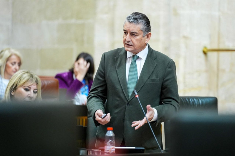 El consejero de Sanidad, Presidencia y Emergencias de la Junta de Andalucía, Antonio Sanz, en el Pleno del Parlamento del 12 de marzo de 2026 (JOAQUIN CORCHERO / PARLAMENTO DE ANDALUCIA)