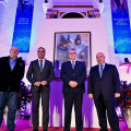 El autor del cartel de la Semana Santa de la provincia de Granada en 2026, Jesús Conde, el presidente de la Diputación, Francis Rodríguez y el pregonero, Fernando Argüelles.