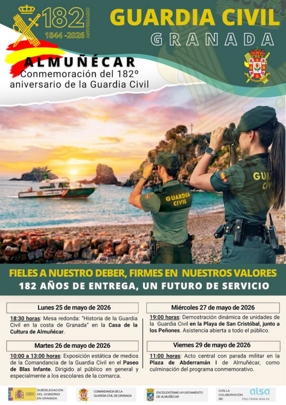 Los actos conmemorativos del 182 aniversario de la fundación de la Guardia Civil tendrán lugar la próxima semana en Almuñécar.
Los actos conmemorativos del 182 aniversario de la fundación de la Guardia Civil tendrán lugar la próxima semana en Almuñécar.