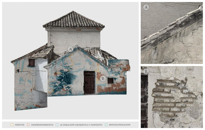 Alzado Este de la Ermita del Santo Sepulcro del Sacromonte, Granada con representación cromática de las principales patologías identificadas en el paramento (UGR) Alzado Este de la Ermita del Santo Sepulcro del Sacromonte, Granada con representación cromática de las principales patologías identificadas en el paramento (UGR)