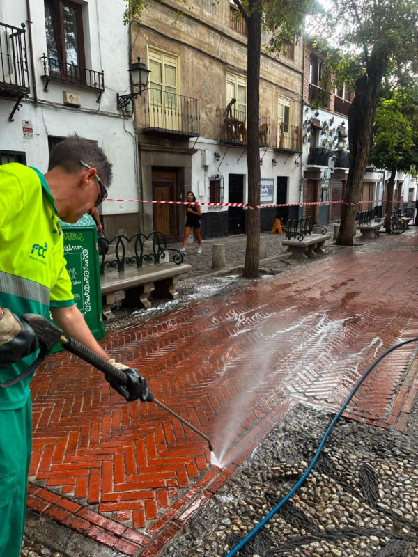 Imagen de un trabajador durante el nuevo Plan Integral de baldeo de las calles de Granada (AYUNTAMIENTO DE GRANADA)
