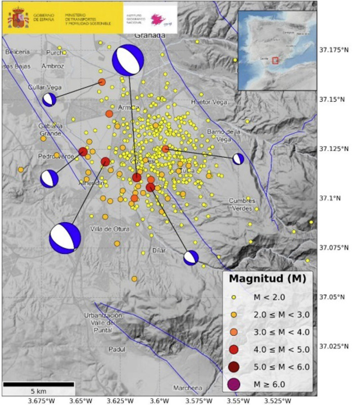 Mapa que recoge los eventos enmarcados en el episodio sísmico que afecta a Granada y su área metropolitana desde el viernes 14 de agosto y hasta este martes (IGN) Mapa que recoge los eventos enmarcados en el episodio sísmico que afecta a Granada y su área metropolitana desde el viernes 14 de agosto y hasta este martes (IGN)