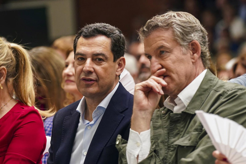 El presidente del la Junta de Andalucía, Juanma Moreno, y el presidente del Partido Popular, Alberto Núñez Feijóo, en un acto de campaña (ÁLEX ZEA - EUROPA PRESS)