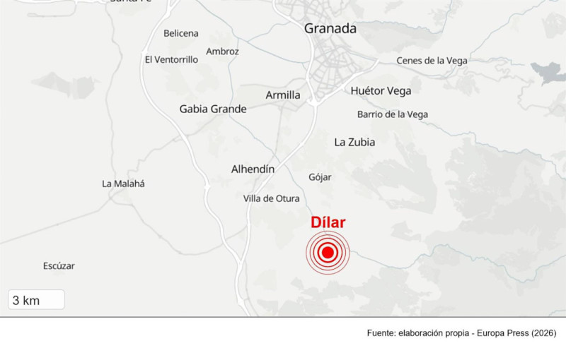 Localización del lugar donde ha tenido epicentro el sismo de magnitud 3,4 registrado en la provincia de Granada (EUROPA PRESS) Localización del lugar donde ha tenido epicentro el sismo de magnitud 3,4 registrado en la provincia de Granada (EUROPA PRESS)
